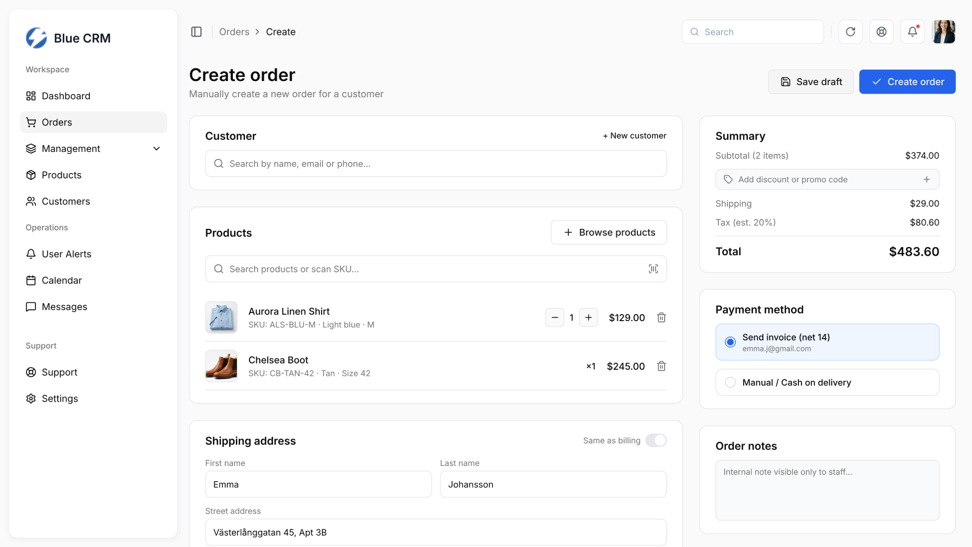 Blue CRM – create order page with customer search, products, shipping address, summary and payment method